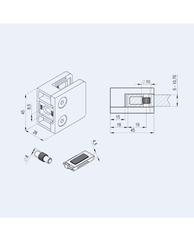 Pince à verre P31 en zamac brut à fond plat - Plan