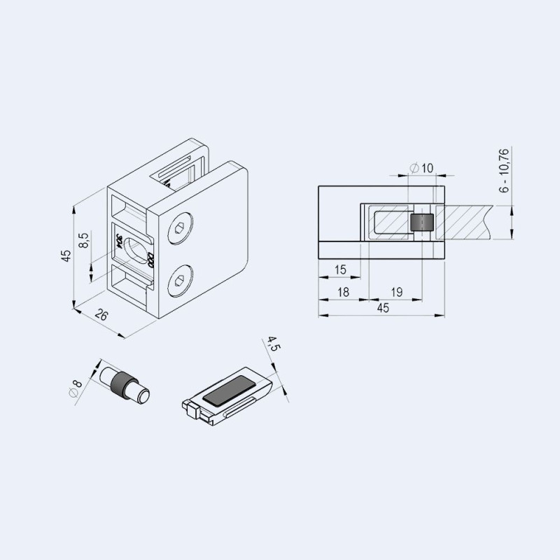 Pince à verre P31 en zamac brut à fond plat - Plan